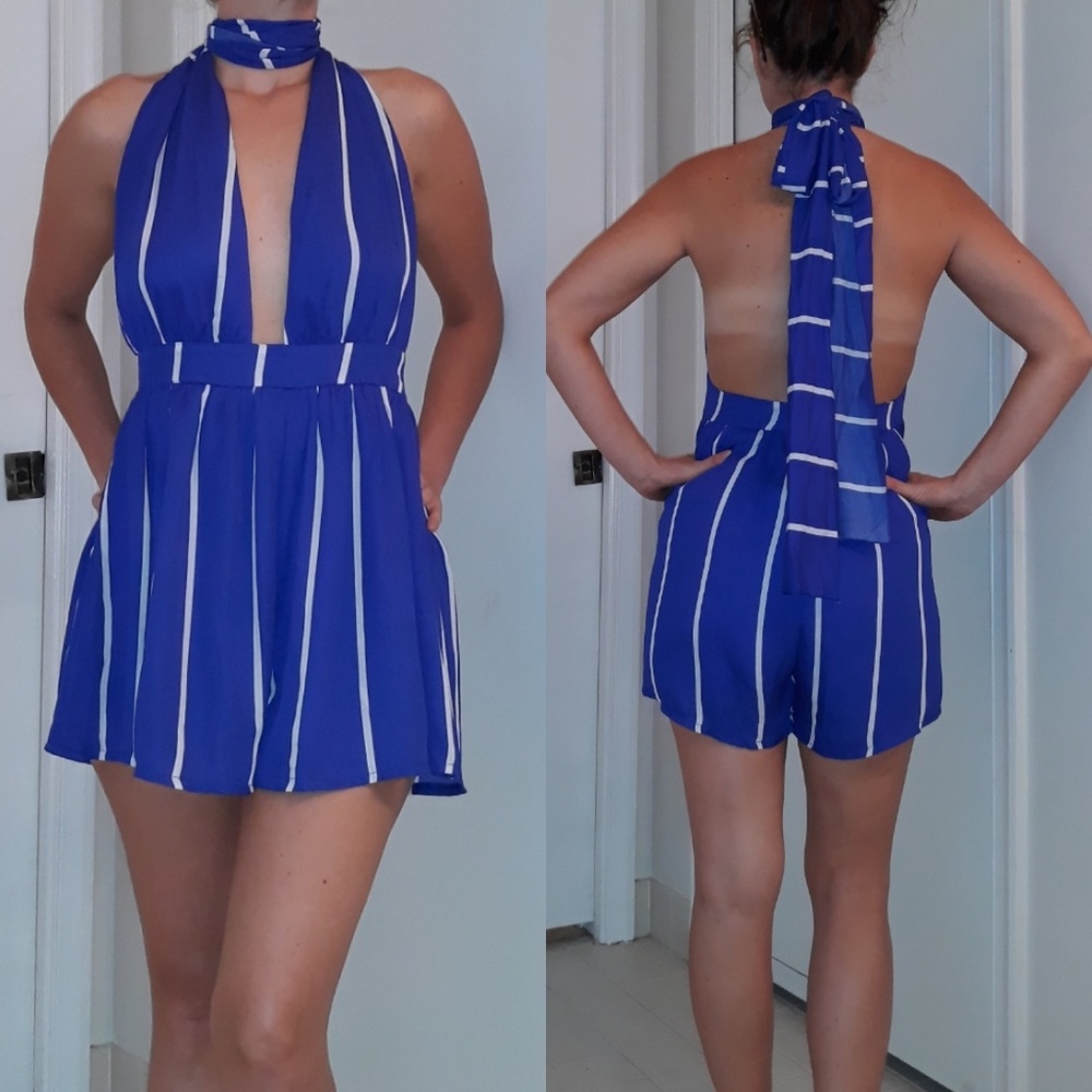 Royal blue striped romper